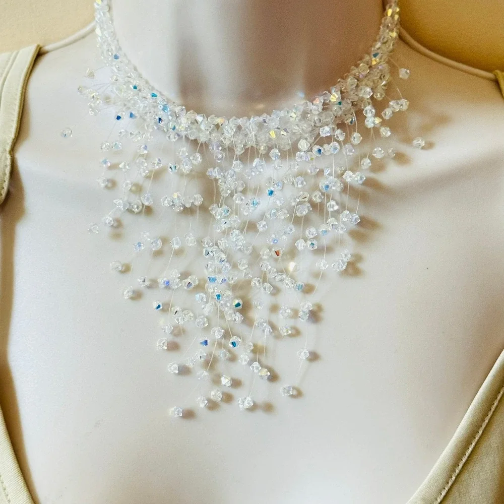 Vtg Waterfall Cascading Necklace Aurora‎ Borealis Crystal Statement Sparkly 14
